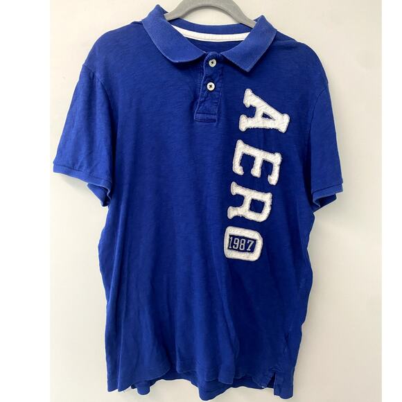 Y2K Aeropostale Blue Men's Branded Logo Short Sleeve Cotton Polo Tee L - Picture 2 of 8
